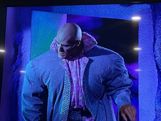 A very tall and very bald and somewhat alien looking man wearing a very blue and overstuffed jacket with a pink, stuffed, undershirt exits from a solid doorway