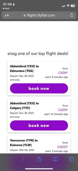 A screenshot of three flights. Two from Abbotsford and one from Vancouver to Edmonton, Calgary and Kelowna.