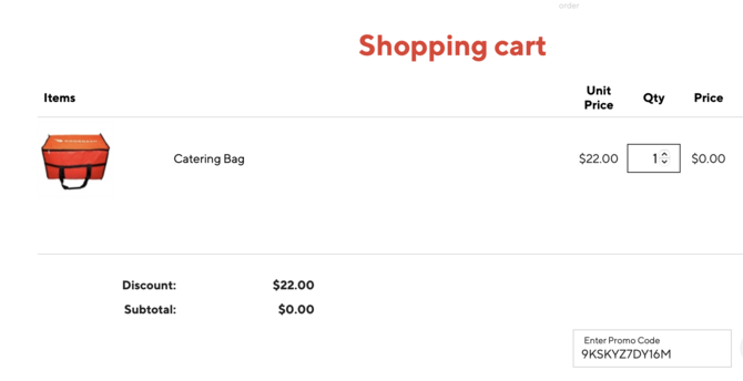 A screenshot of the shopping car with the catering bag for $22 and the price $0 with promo code at the bottom.