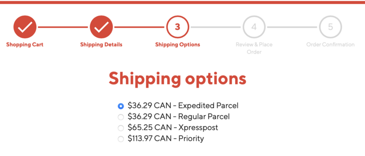 A screenshot of the “shipping options” shows a list of 4 options, Expedited Parcel, Regular, XPressPost and Priority.  Ranging from $36.25 to $113.97