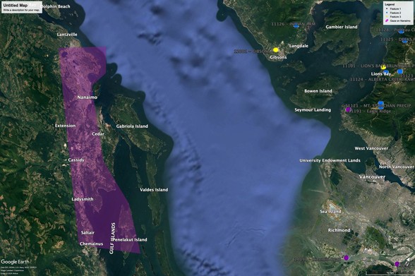 A google earth image of the southern Salish Sea with the east side of Vancouver Island visible across from Vancouver and the mouth of the Fraser River.  There is a purple shaded area in the shape of the Gaza Strip overlayed on top of the east side of the Island from roughly north Nanaimo to Chemainus north to south and roughly the same width as the urban areas of the Island except the sourthern portion which extends out into the portion of water between Vancouver Island and the southern Gulf Is…