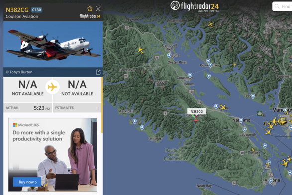 A flight tracker screenshot shows a picture of the aircraft N382CG on the left. On the right is a map of Vancouver Island with a small plane icon highlighted in red of the same number flying over Port Alberni on central Vancouver Island. There are not many other planes on the map except near YVR