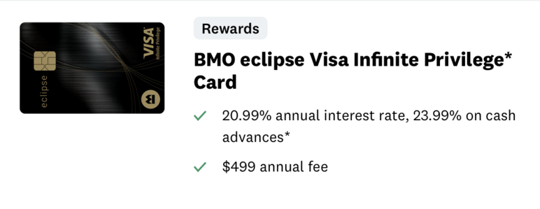 A screenshot of an ad for a BMO eclipse Visa Infinite Privilege Card shows a black card with gold writing and a gold chip in one corner.