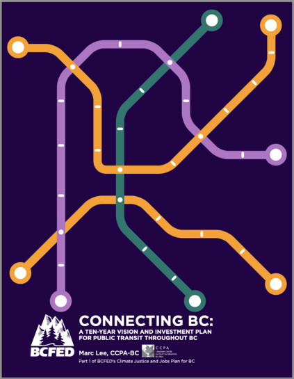  A Screenshot of the front page of the report shows a purple background with four different lines crossing in the style of a subway or transit map with nodes on the ends and marks at intervals along the lines. The logo for the BC Federation of Labour is on the bottom left. The title is printed on the bottom.