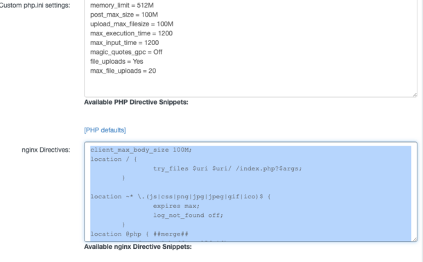 A screenshot from ISPConfig showing the php and nginx directive boxes.