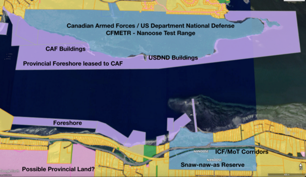A picture showing land ownership in and around Nanoose Bay and the Snaw-naw-as First Nation shows a mixture of purple, blue, pink, blue, yellow and green. Yellow is private land, Blue is Federal or Reserve Land, Purple is Provincial Foreshore, Pink is Provincial land, Green is municipal.
