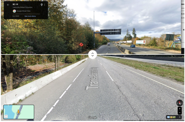 A screenshot from one of the image comparisons on the website shows highway 1 near the Fraser River on the bottom and highway 19 near Nanoose on top. The bottom image shows a rail line alongside the highway.