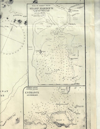 A yellowed picture of a two inserts on a nautical chart depicts the Stamp Harbour “Head of Barkley Sound” and “Entrance Anchorage”. The depth markings are believed to be in fathoms. There is a scale in 10 cables or 1 Sea Mile at the bottom of the first insert. Below the first insert is a  second slightly wider insert for “Barkley Sound Eastern Channel  - Entrance Anchorage” showing Satellite Pass, Hill I., Wizard Islet, Helby I., and other shores.