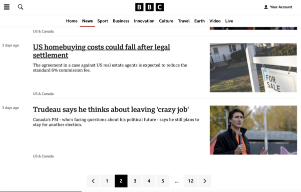 A screenshot showing two headlines at the bottom of the second page. The last is “Trudeau says he thinks about leaving ‘crazy job’.”