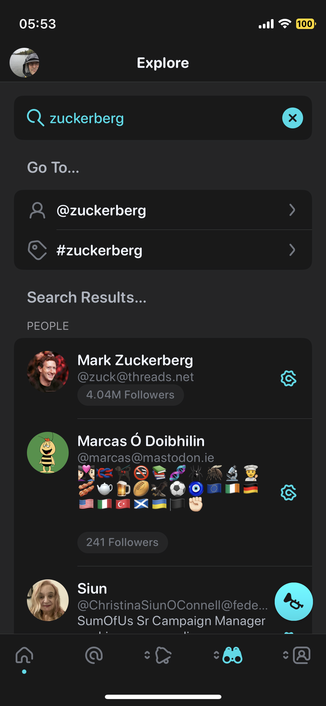 A screenshot of the search window as I searched for Zuckerberg. His threads account appears at the top of the list.