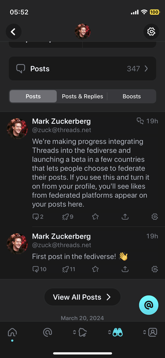Zuckerberg's first two posts on Threads and the Fediverse.