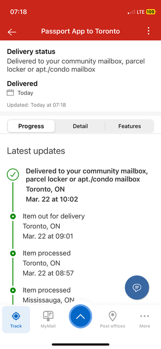 A screenshot of the Canada Post app shows the package being processed in Toronto, out for delivery and then delivered at 10:02