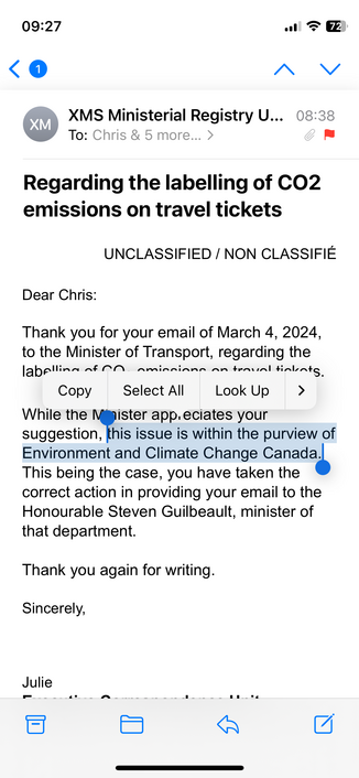 A screenshot of a reply I got from the Minister of Transportation about requiring CO2 emissions amounts on tickets of federally regulated transportation.