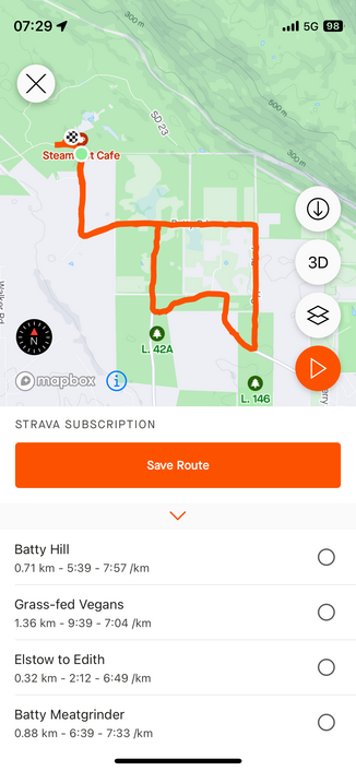 A map from Strava shows the route through the back roads of Port Alberni with various small sections in a list below.