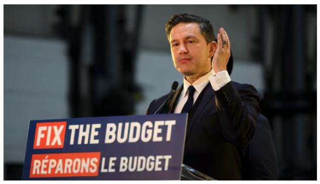A screenshot of the picture from the linked article shows Pierre Poillievre at a quarter angle with his left hand half raised to his shoulder. He looks like he’s got something to say, unfortunately. The sign on his podium says “Fix the budget - Réparons le budget”