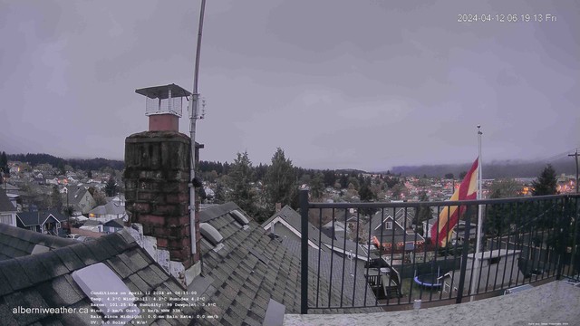 A picture from the alberniweather.ca webcam shows the view of the city from the top of a house. There is a Spanish flag flying to the bottom right.