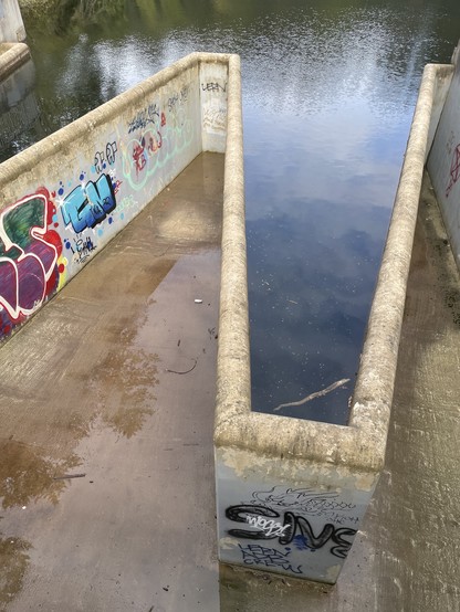 The top end of a spillway. There is a diagonal finger of water that is stretching towards us but the water is not quite to the top so the spillway is dry. There is graffiti