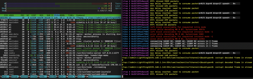 A dual screen command terminal interface shows lots of coloured text. On the left is top showing a full CPU load on both cores plus full RAM usage. On the right is the ffmpeg command doing its magic.