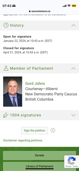 A screenshot shows the start and closing time of the petition, a picture of the sponsor MP Gord Johns and the number of signatures 1004 so far.