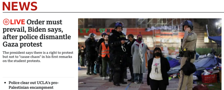 A screenshot of the BBC News headline with image of protesters lined up, arrested.
