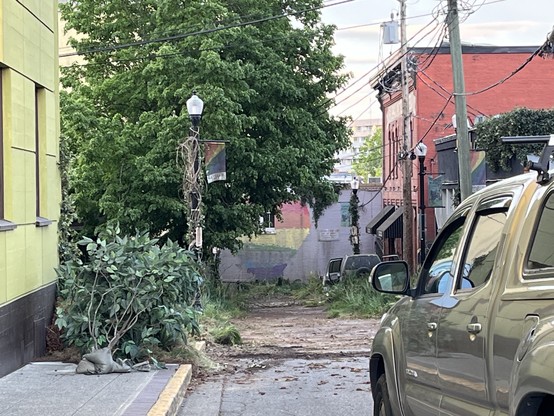A tree lies on a sidewalk in front of a truck. A post apocalyptic set in a side street.
