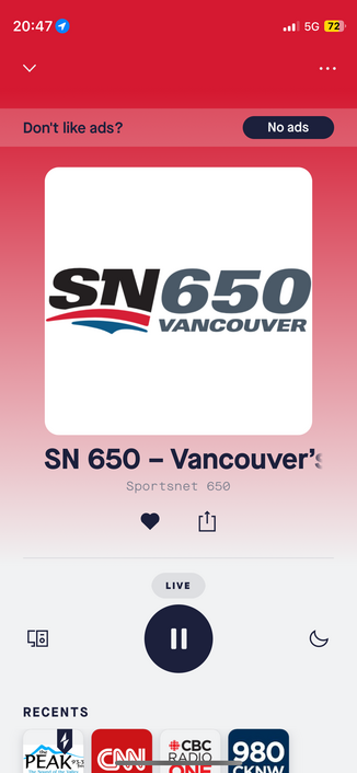 a screenshot of the tune in radio screen shows SN650 radio in Vancouver