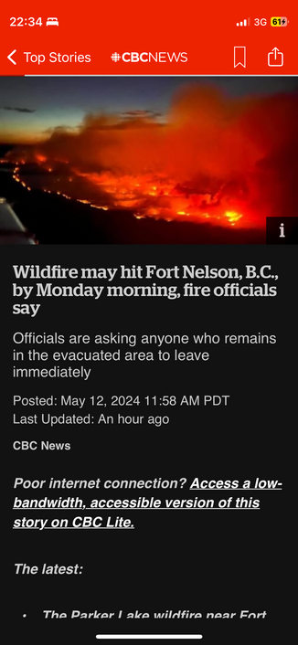 screenshot of the  cbc article shows a dramatic picture of the fire.