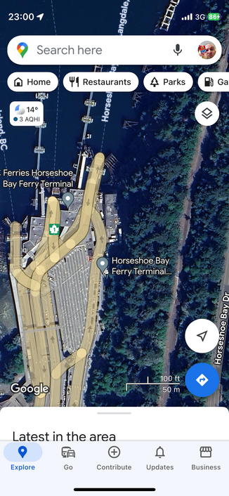 A google map screenshot shows the ferry terminal on the left and the railway and road to the right separated by trees.