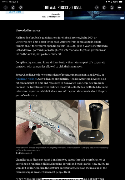 A screenshot of the article shows a picture of the model American Airlines plane and a black reusable cup and a charger.